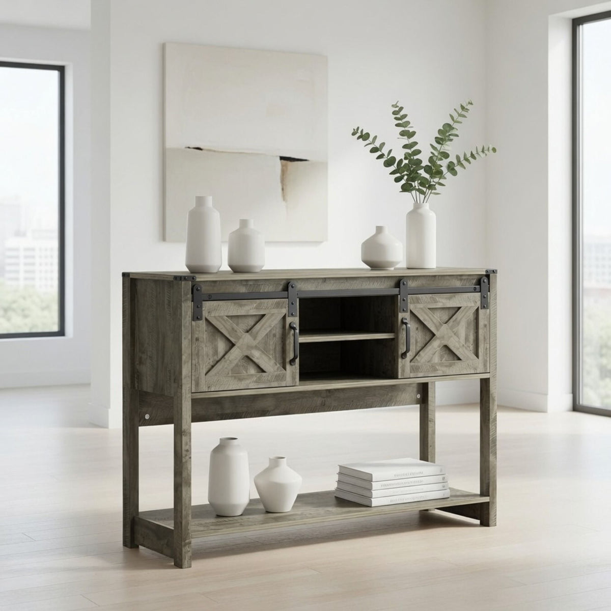 Farmhouse Entryway Table with Sliding Barn Door - Gray, Dark Gray, White, Black