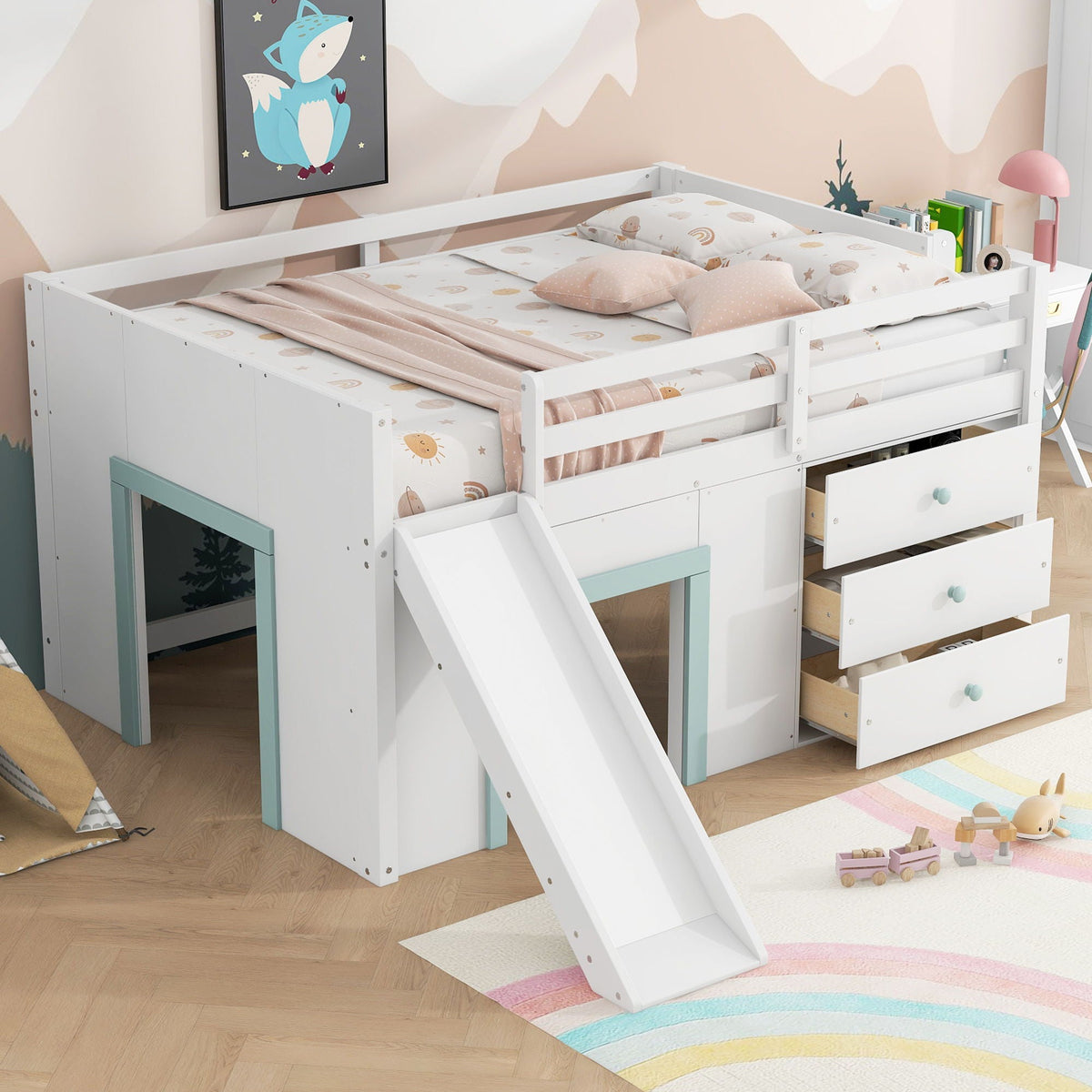 Modern Low Loft Bed with Slide, 3 Storage Drawers and 2 Doors - White