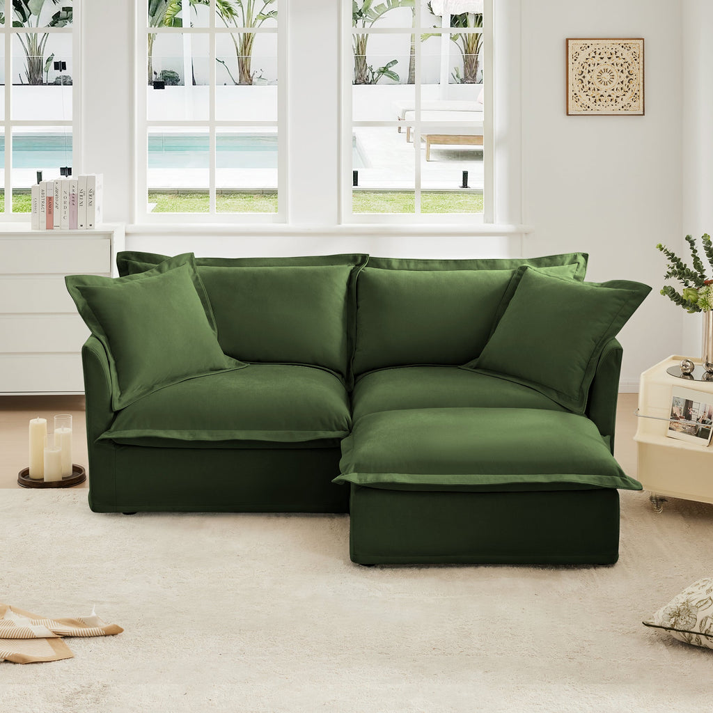 Slipcovered Sectional 2 Seater Sofa with Convertible Ottoman