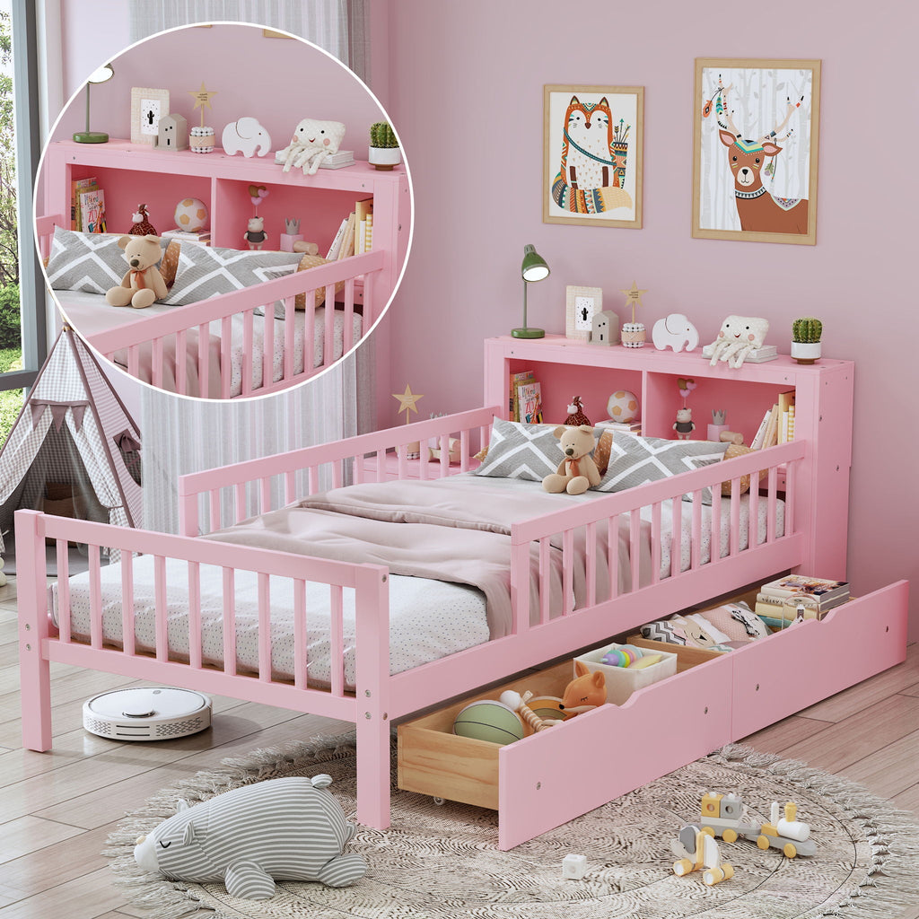 Twin Storage Bed with Headboard Rack & Under-Bed Drawers - Multiple Colors