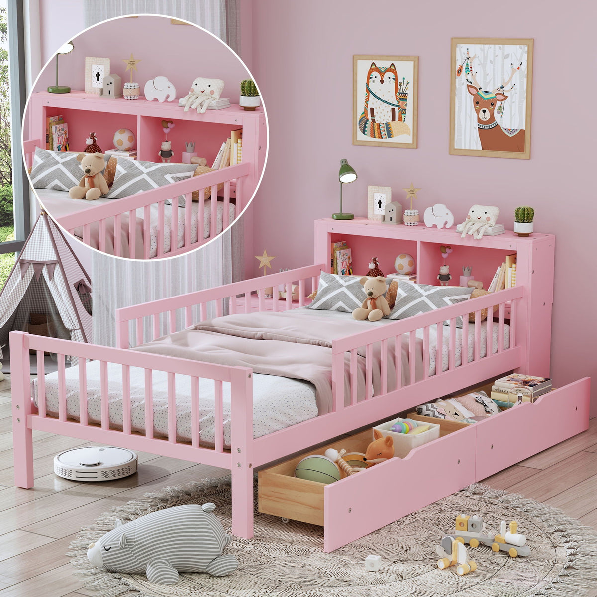 Twin Storage Bed with Headboard Rack & Under-Bed Drawers - Multiple Colors