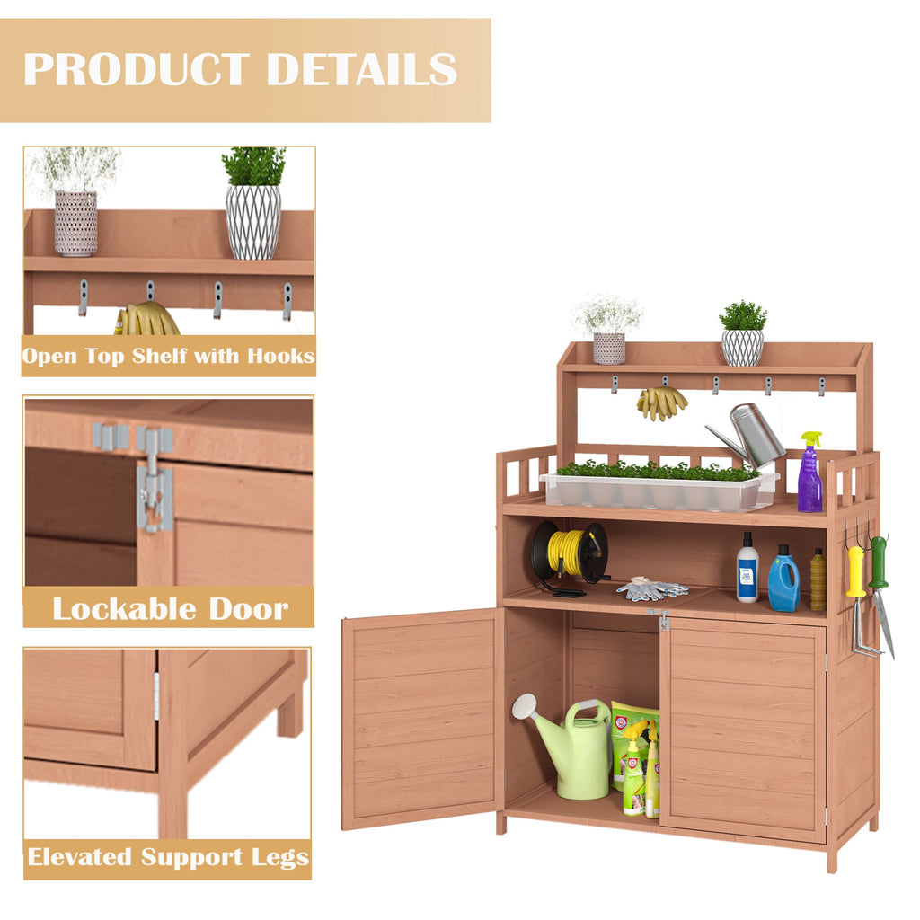 Fir Wood Potting Bench Outdoor Gardening Table with Storage Cabinet – Natural