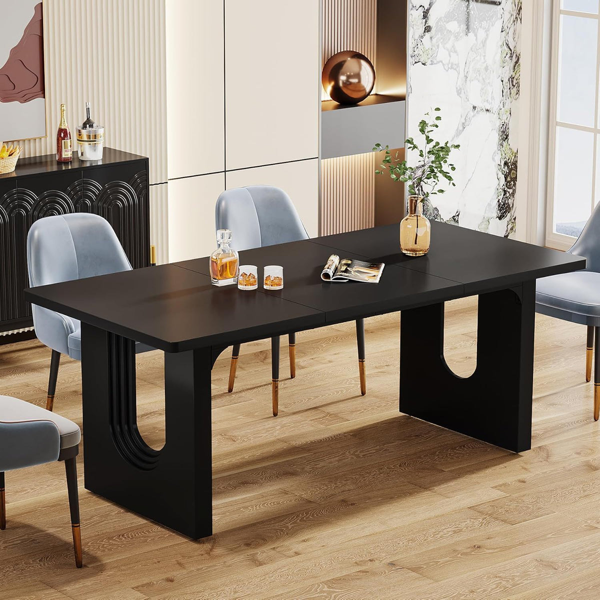 Rectangular Dining Table with Pedestal Base - Black or White