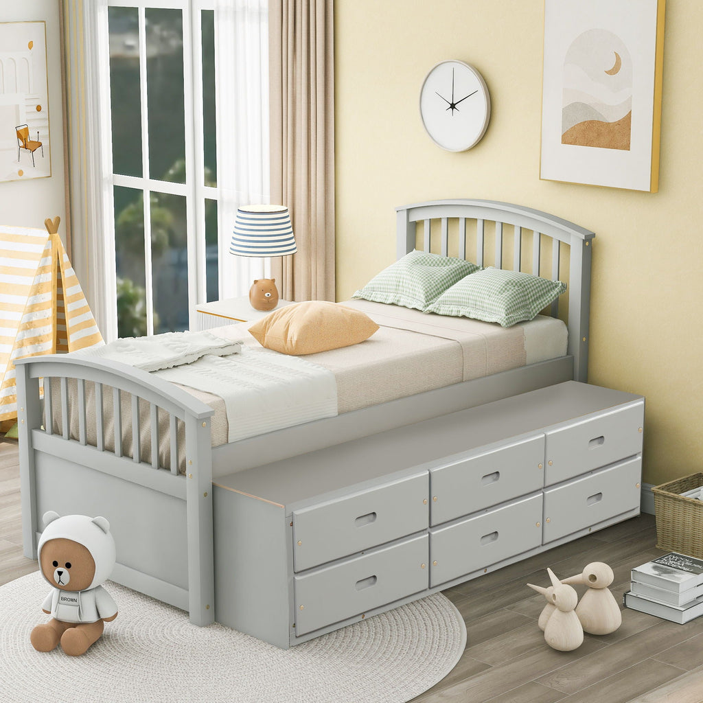 Solid Wood Twin Storage Bed with 6 Drawers - Multiple Colors