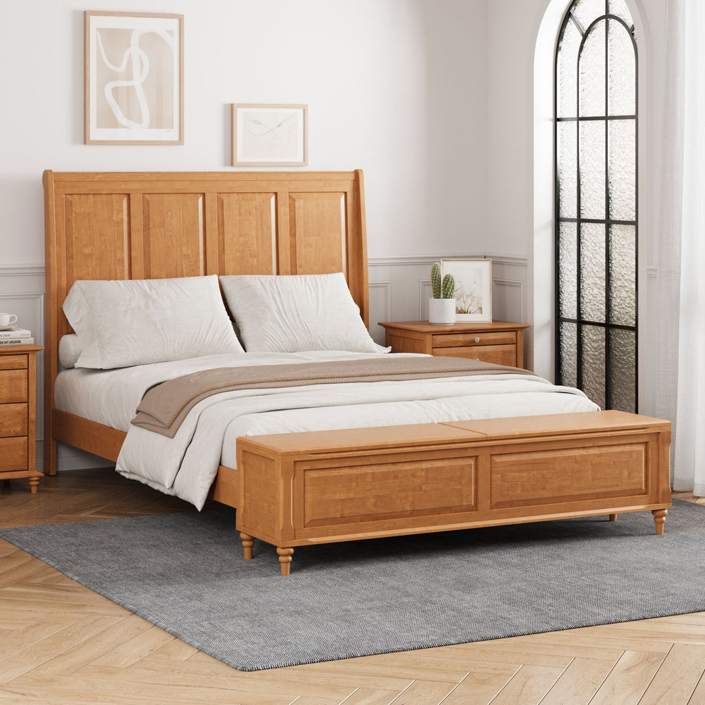 Sleigh Bed Frame with Tall Headboard and Storage Bench - Dark or Light Brown