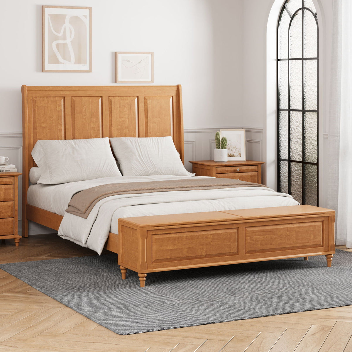 Sleigh Bed Frame with Tall Headboard and Storage Bench - Dark or Light Brown