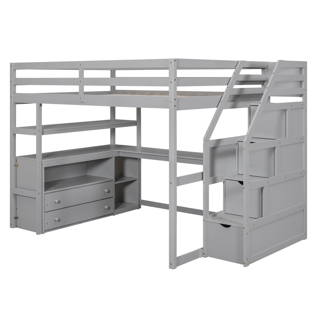 Loft Bed with Desk and Storage Staircase - Full or Twin, White or Gray