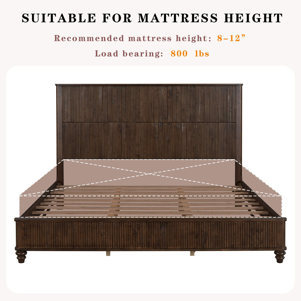 Platform Bed Frame with Tall Headboard - Solid Wood, Queen & King Sizes