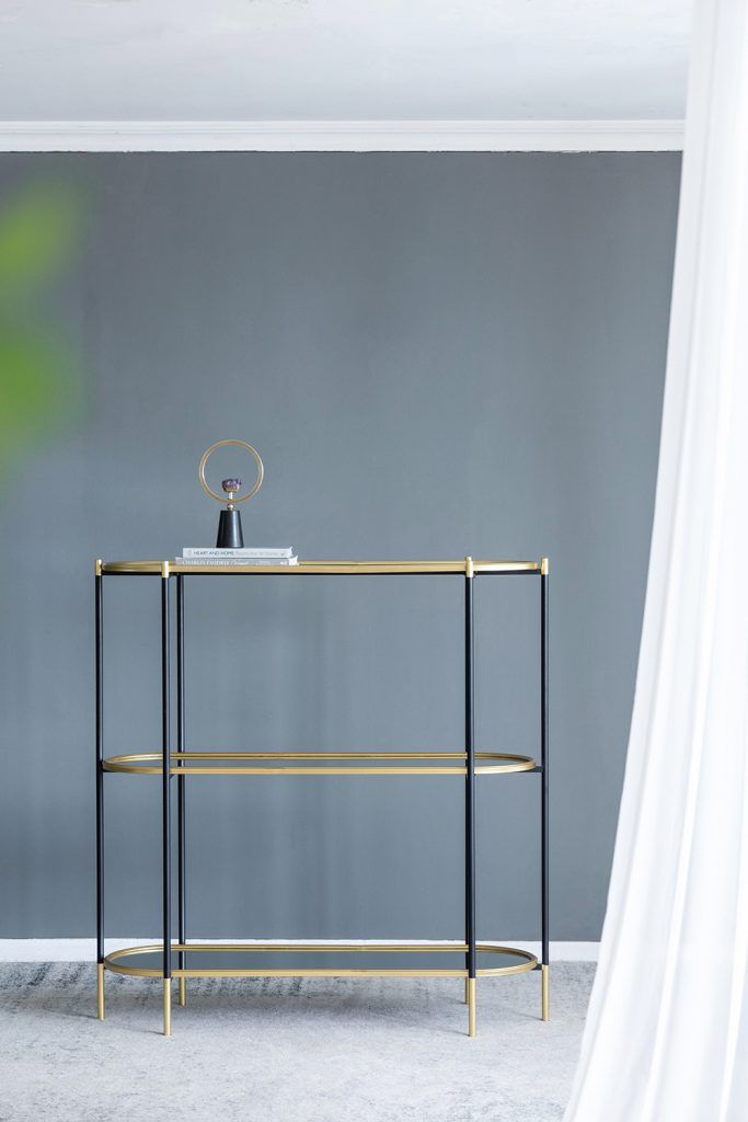 3 Tier Metal Console Table with Mirrored Shelves - Golden Black