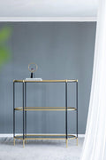 3 Tier Metal Console Table with Mirrored Shelves - Golden Black
