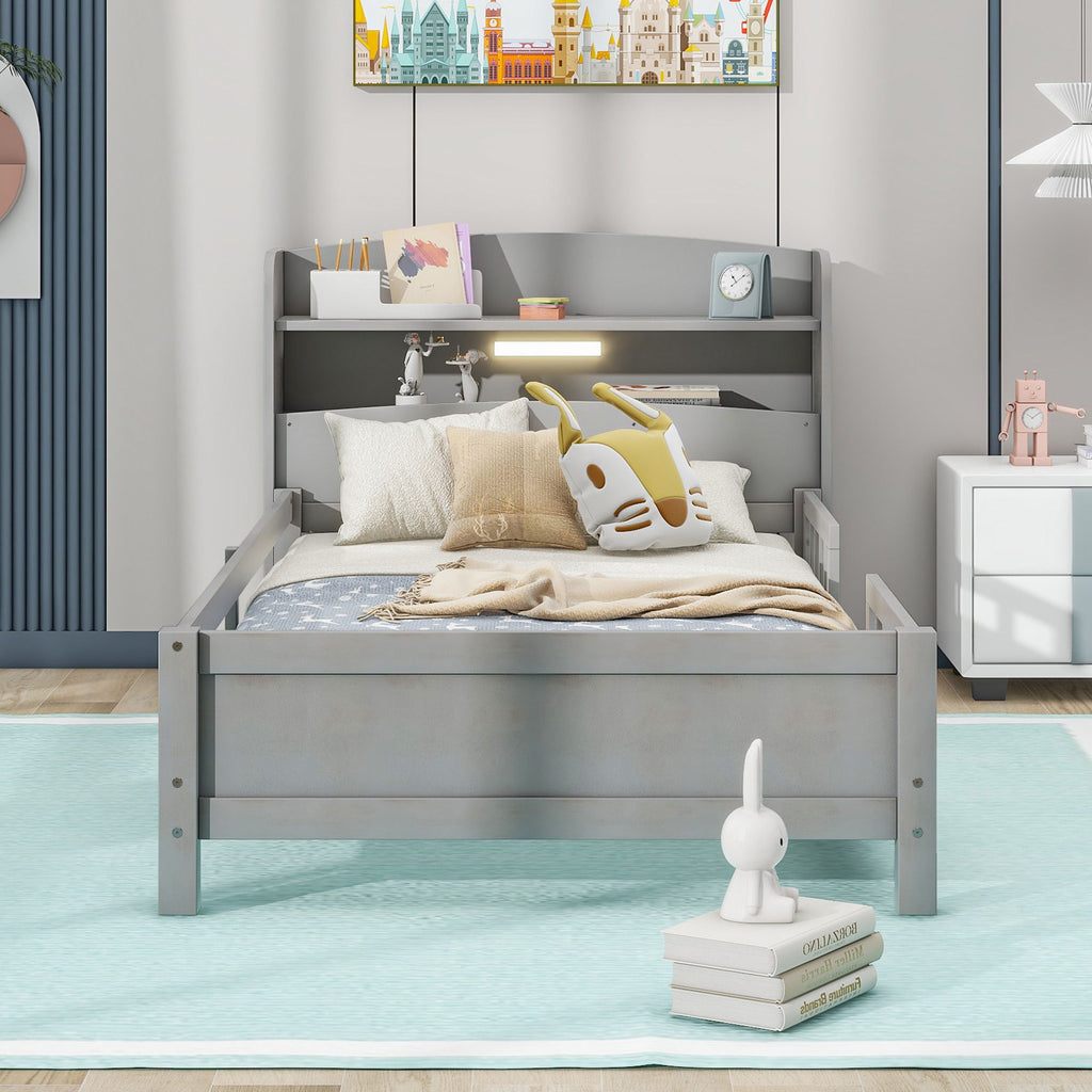 Wood Platform Storage Bed with LED Light & Storage Headboard - White or Dark Gray