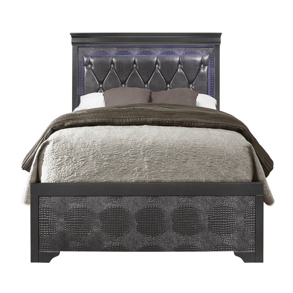 Panel Bed with LED Lighting and Tufted Headboard - White or Dark Gray