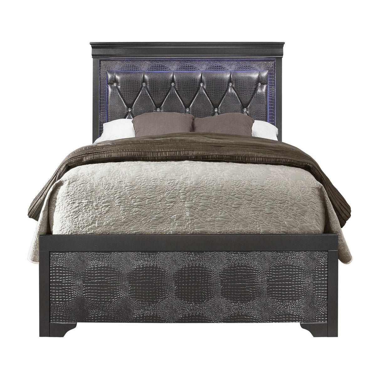 Panel Bed with LED Lighting and Tufted Headboard - White or Dark Gray