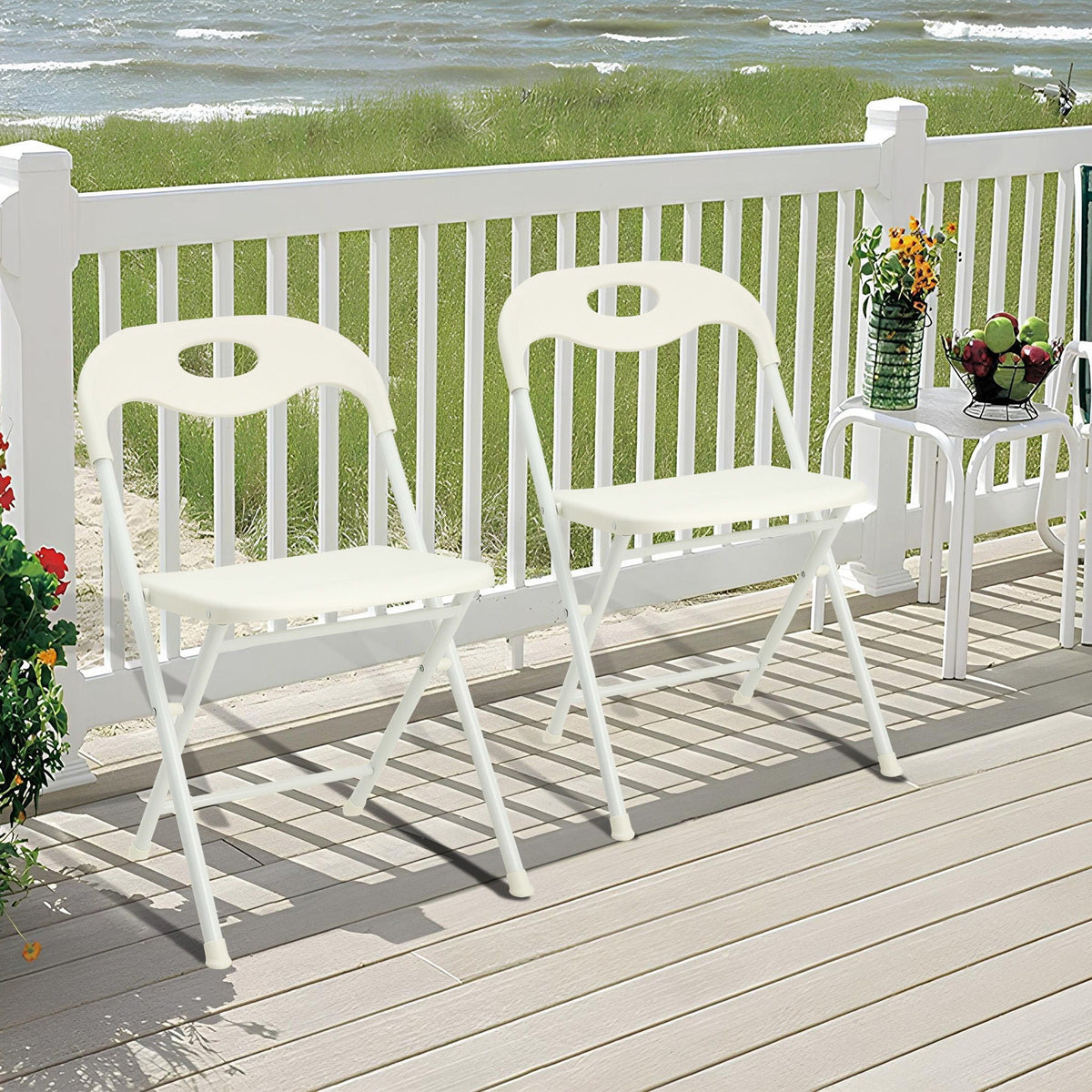 White Folding Chair Set with Waterproof Finish and Stackable Design - Set of 4