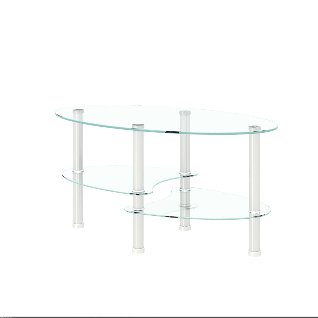 Transparent Oval Glass Coffee Table with 3-Layer Tempered Glass - White or Light Brown