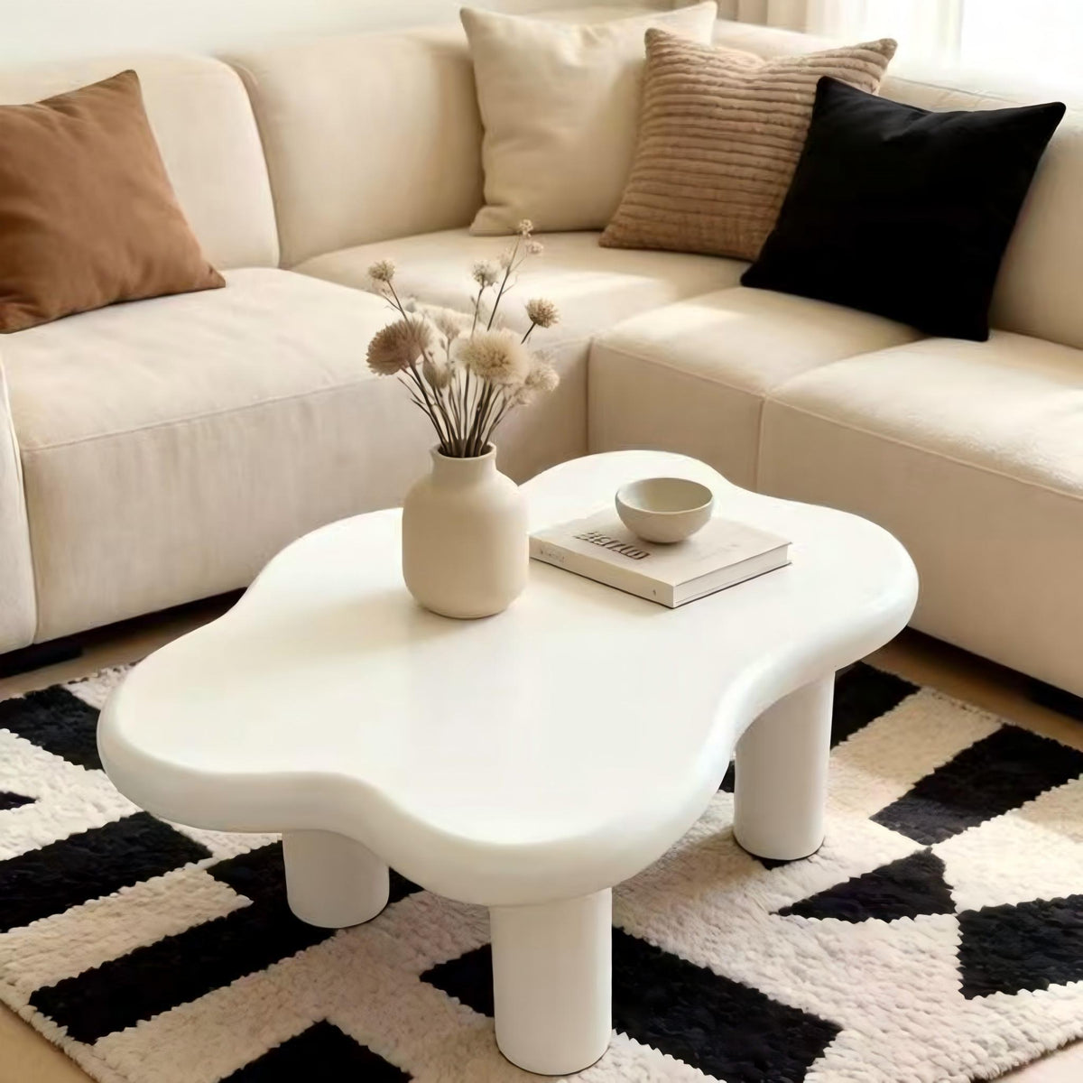 Cloud Shaped Coffee Table with 4 Round Legs - White, Black, or Light Brown