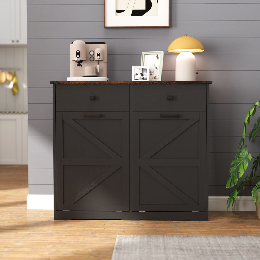Double Tilt Out Trash Cabinet with Hideaway Drawer - Barn Door Style