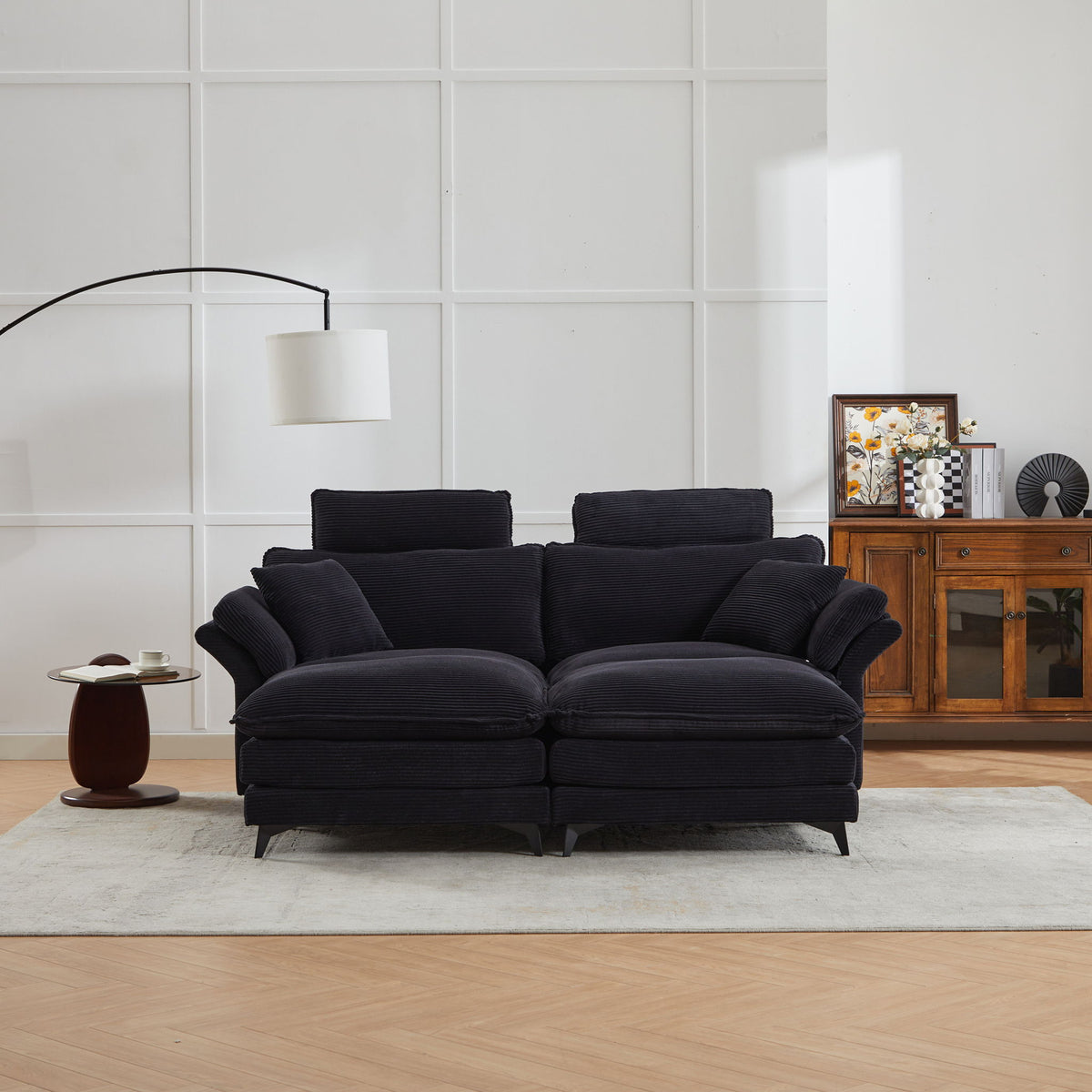 Modern Deep Seat Sectional Sofa with Ottoman - Corduroy - Black or Beige
