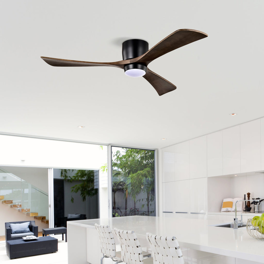 52" Flush Mount Solid Wood Blades Ceiling Fan with Lights - Matte Black