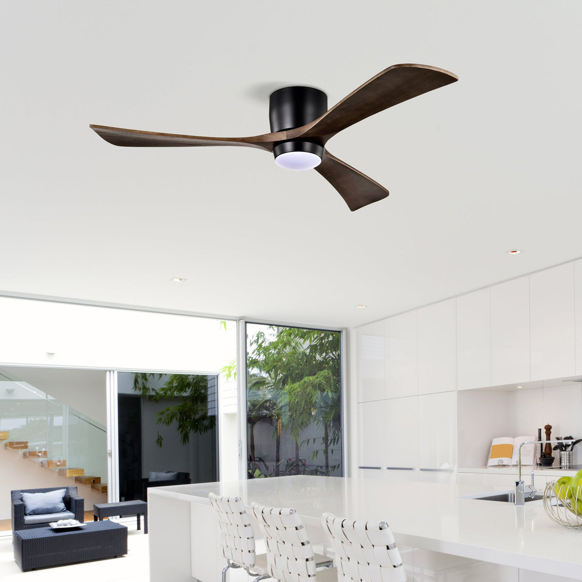 52" Flush Mount Solid Wood Blades Ceiling Fan with Lights - Matte Black