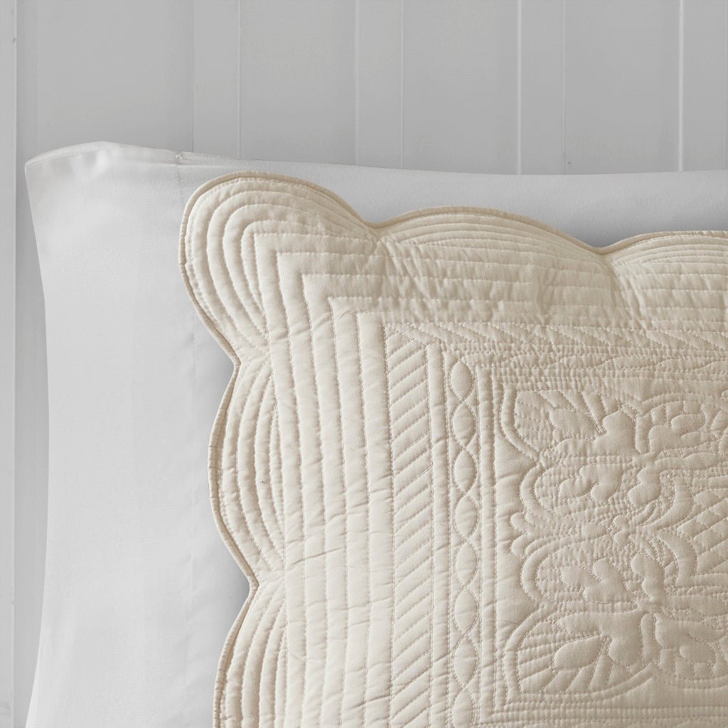 Cream Reversible Quilt Set with Scalloped Edge - 3 Pc Antimicrobial
