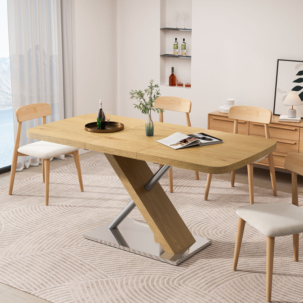 Retractable Square Dining Table with Stainless Steel Cross Base - Natural