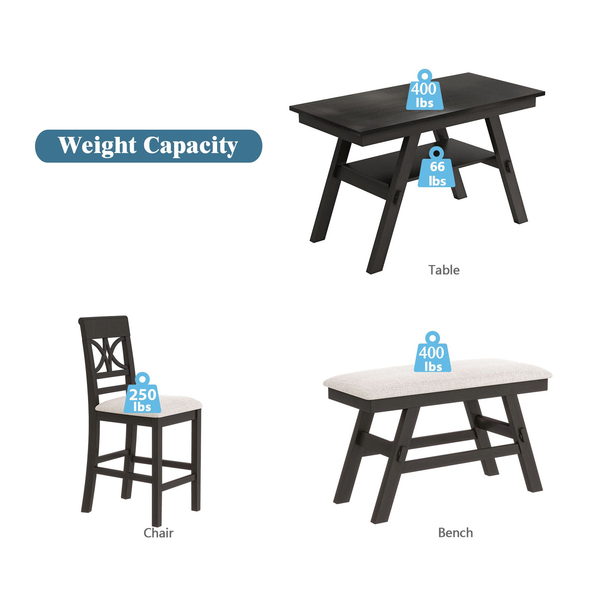 6 Piece Counter Height Dining Table Set with Storage Shelf - Espresso Wood