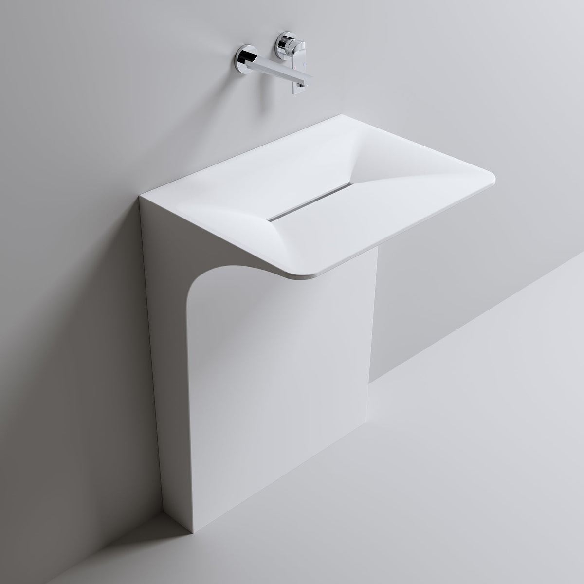 Modern Wall-Mounted Solid Surface Pedestal Sink with Hidden Linear Drain