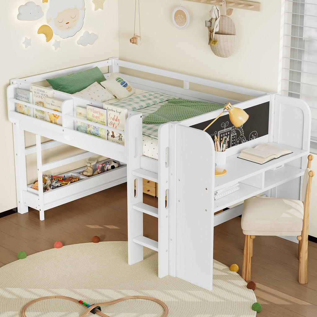 Twin Loft Bed with Multi-Storage Bookcases and Desk - White