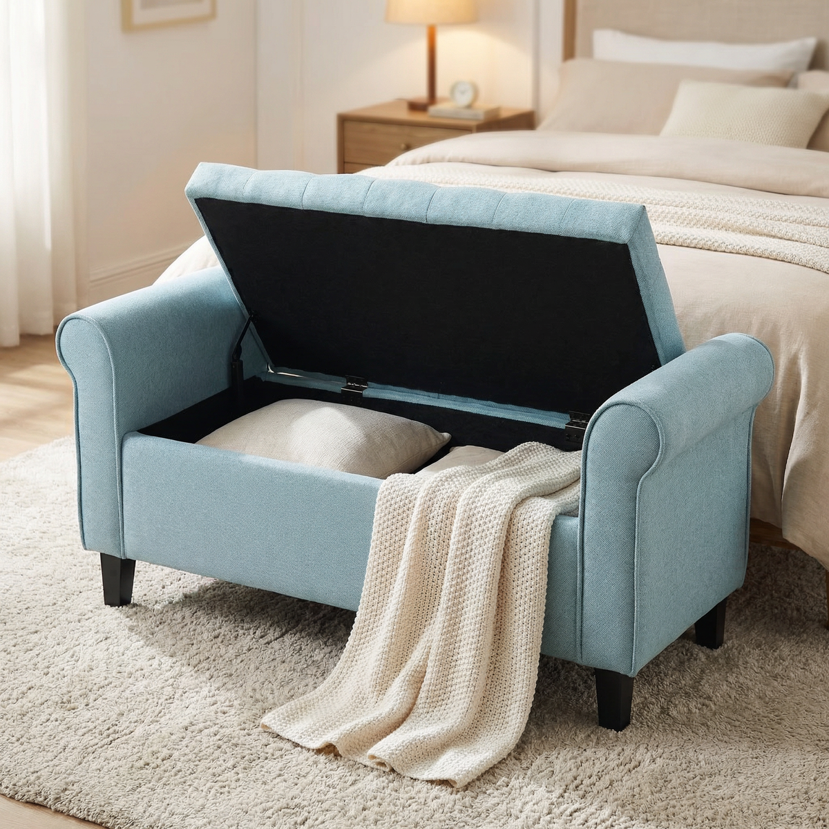 Light Blue Tufted Storage Bench with Upholstered Seating - Light Blue