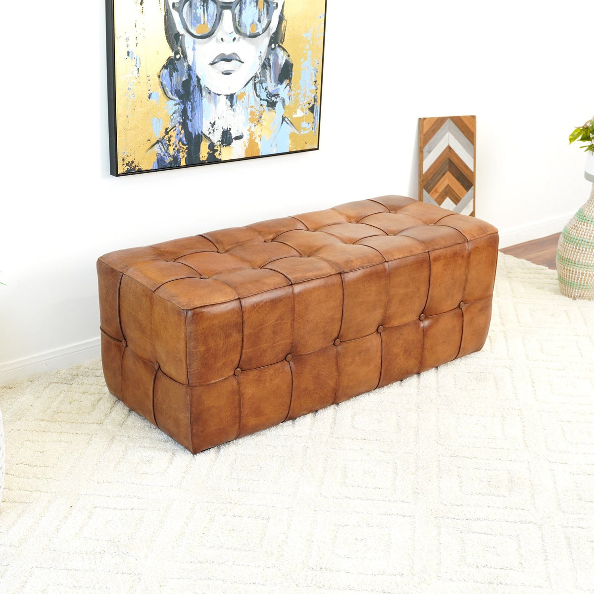Tan Upholstered Bench with Solid Wood Frame - Genuine Leather