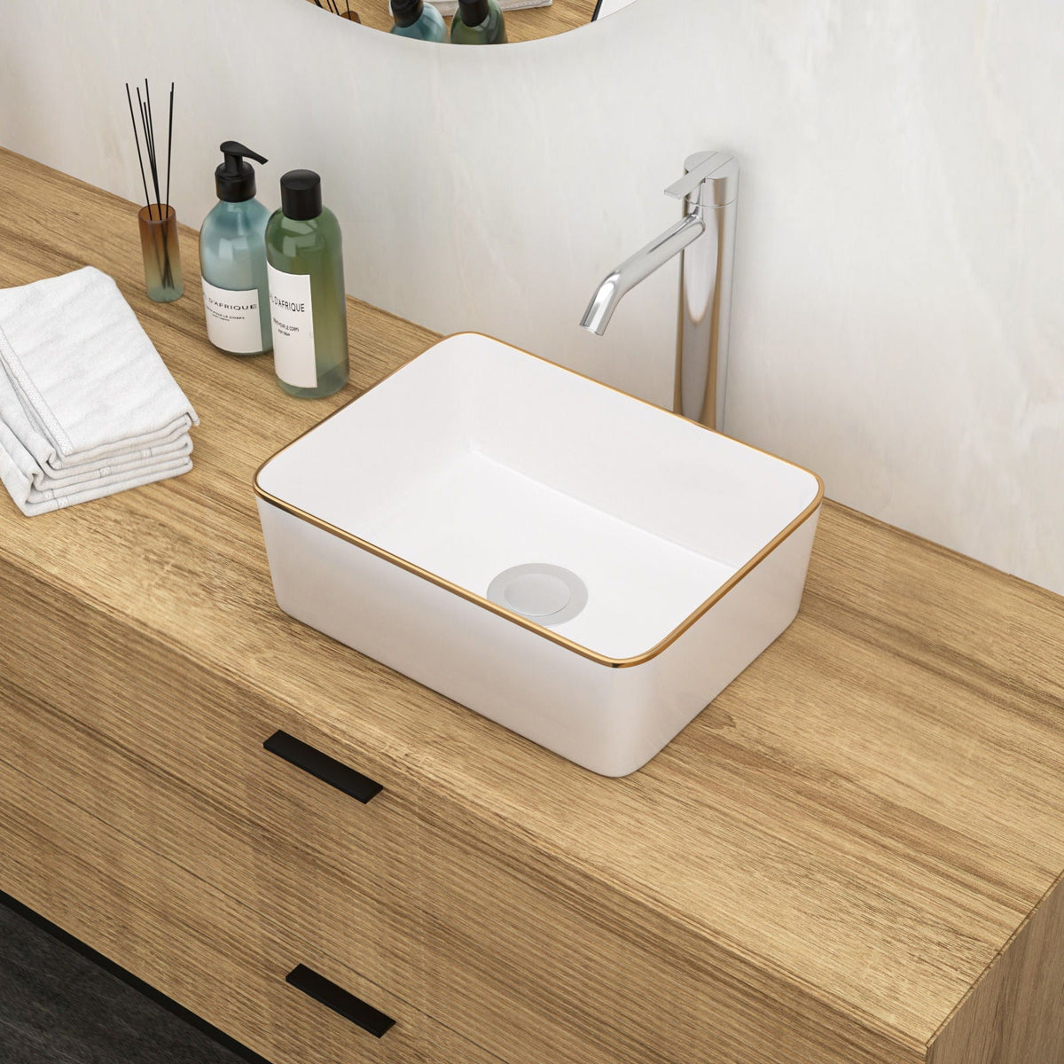 Modern European Style Ceramic Rectangular Vessel Bathroom Sink with Above-Counter Installation - Black or Gold