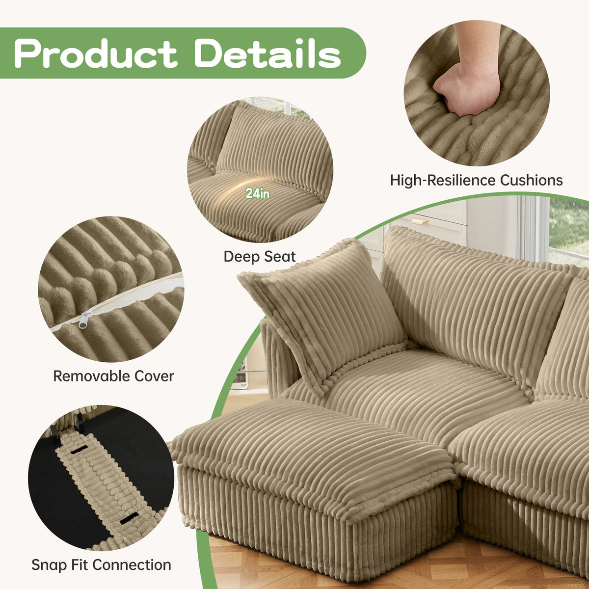 Slipcovered Long Sofa - 4 Seater Couch with Removable Covers - Camel Corduroy