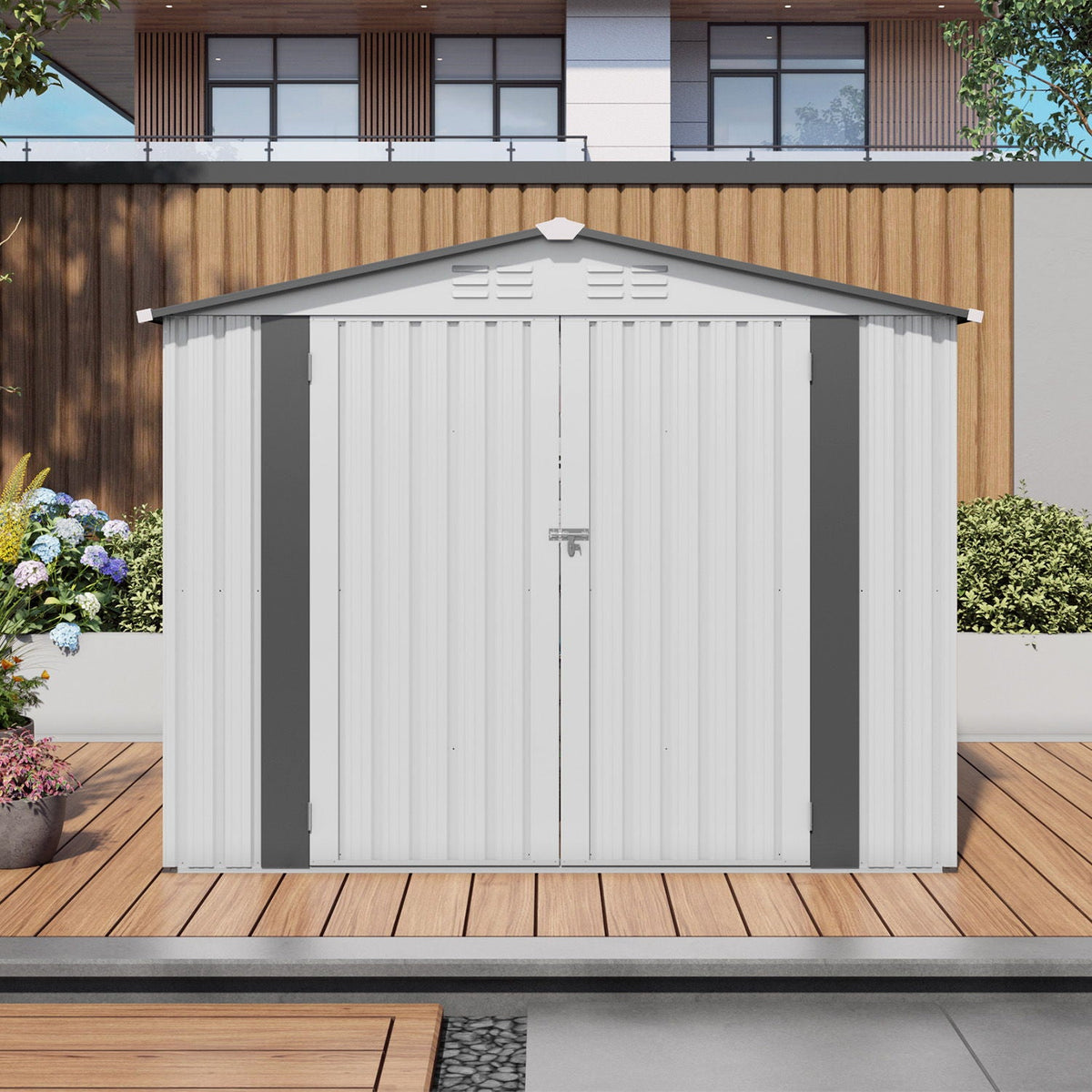 Outdoor Garden Storage Shed with Lockable Doors and Window - White / Gray