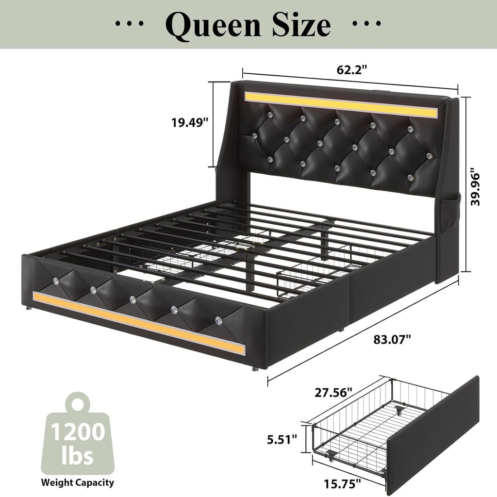 Wingback Upholstered Bed Frame with LED Lights and Charging Station - Black or White