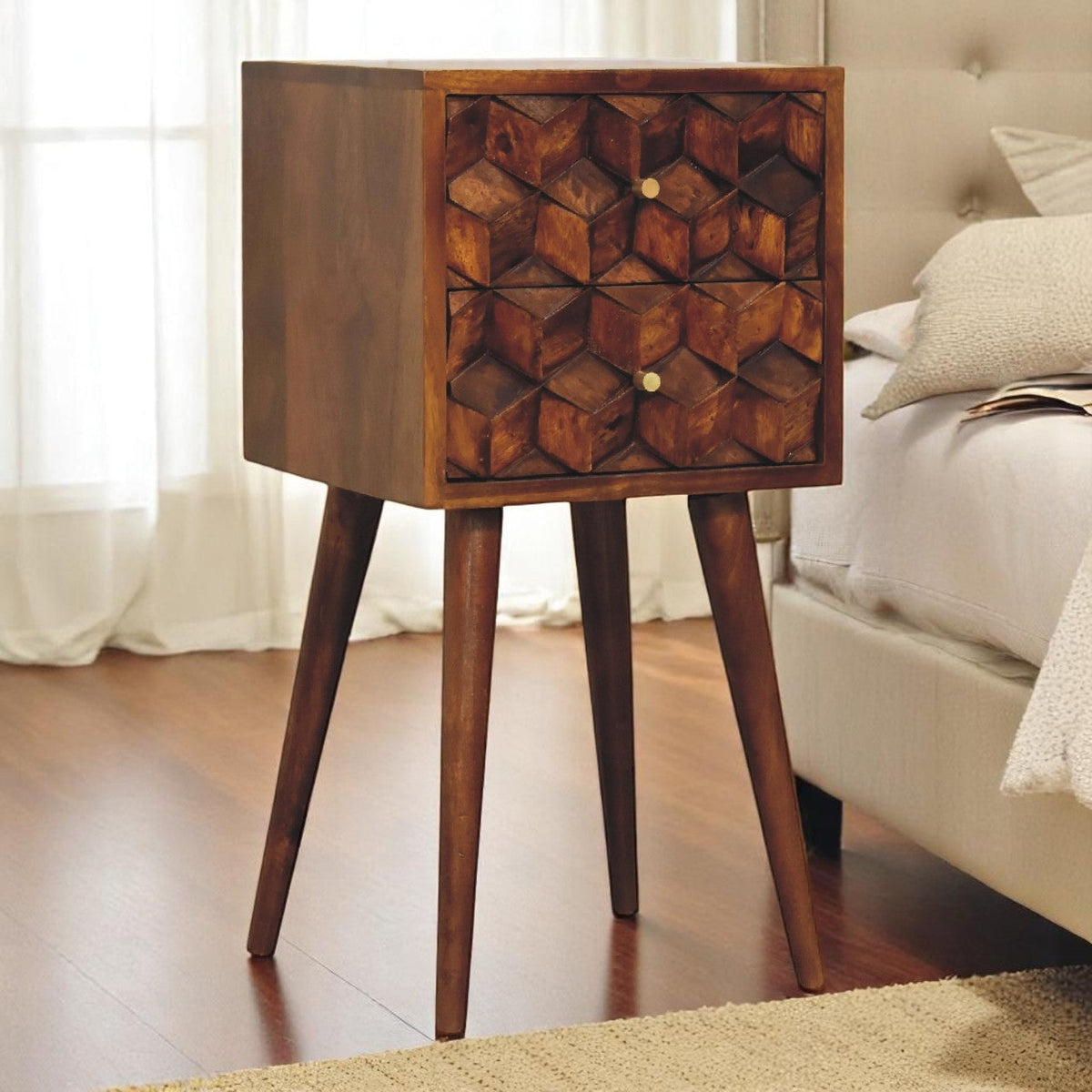 Solid Wood Mini Cube Nightstand with 2 Drawers – Chestnut
