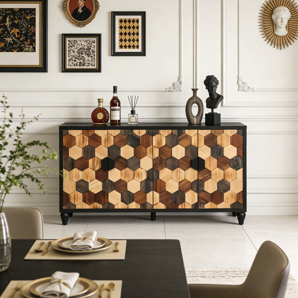 Distressed Storage Cabinet with Honeycomb Pattern - Engineered Wood