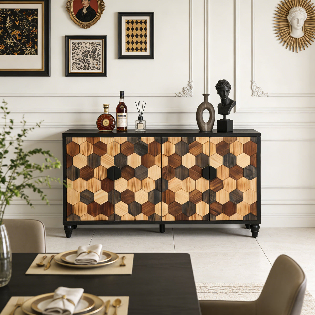 Distressed Storage Cabinet with Honeycomb Pattern - Engineered Wood