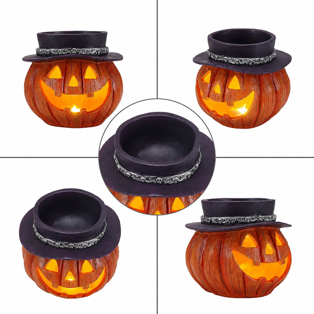 Halloween Pumpkin Candy Bowl with Witch Hat - Resin Halloween Decor
