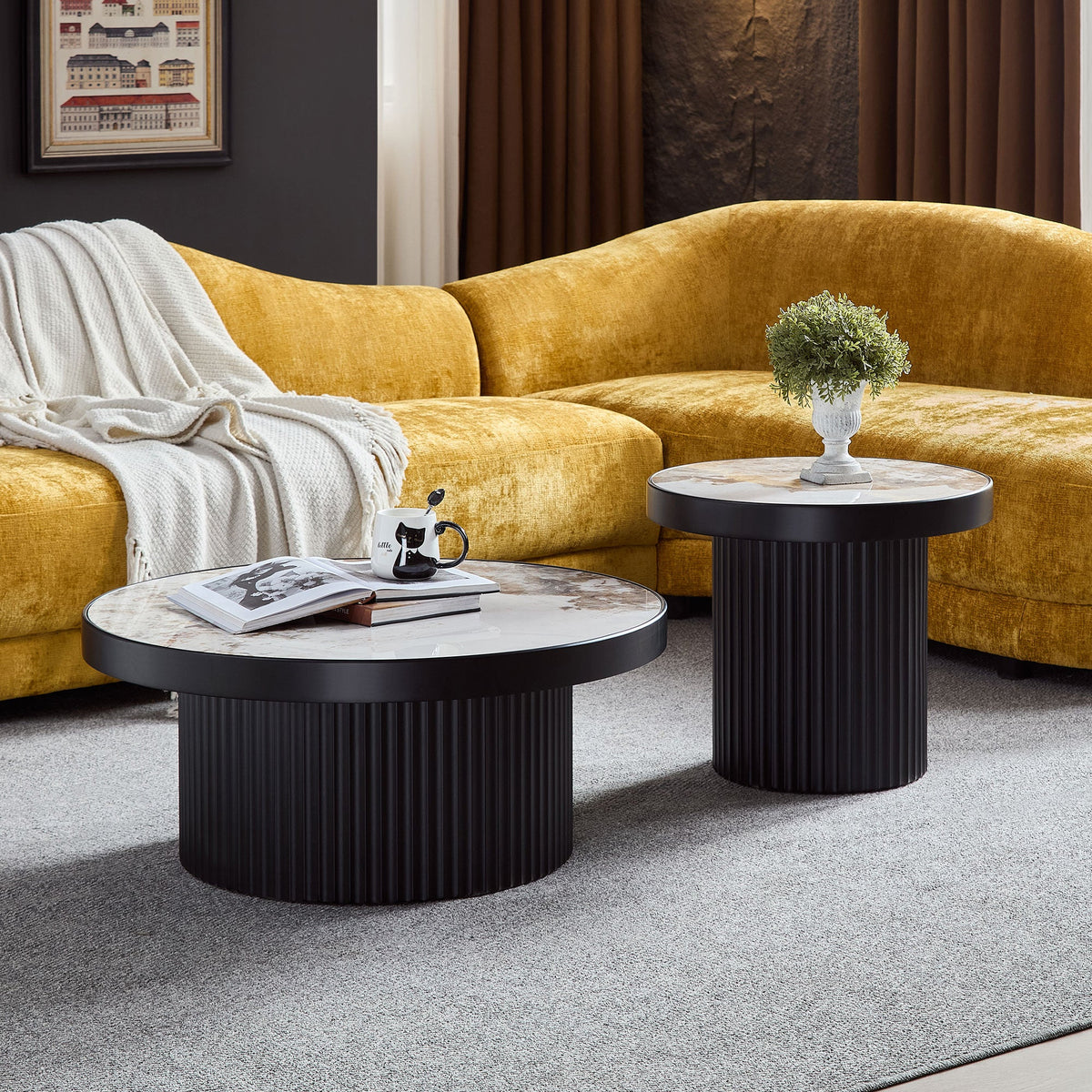 Set of 2 Coffee Tables with Sintered Stone Tabletops - Black