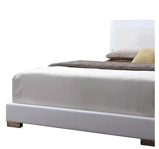 White Faux Leather Panel Bed with LED Light - White