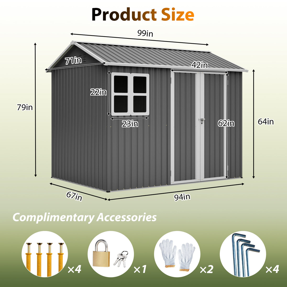 Large Steel Storage Shed with Window & Lockable Doors - Gray
