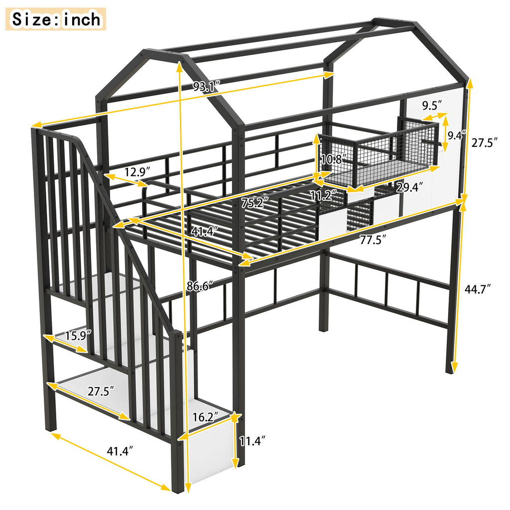 Metal Loft Bed With Roof Design and Storage Box with Guardrails and Integrated Ladder - Twin