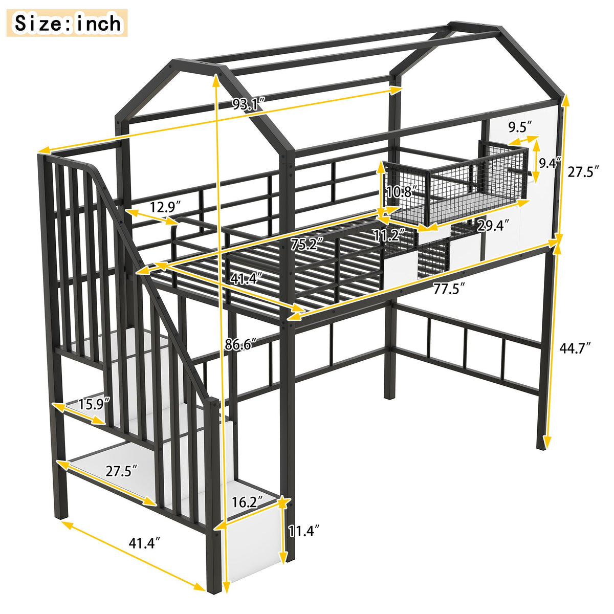 Metal Loft Bed With Roof Design and Storage Box with Guardrails and Integrated Ladder - Twin