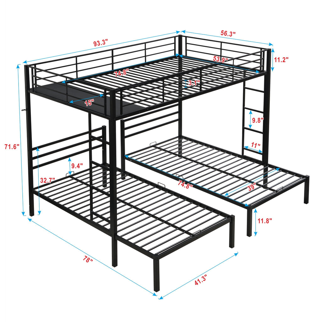 Modern Metal Triple Bunk Bed with Storage Shelf - Black