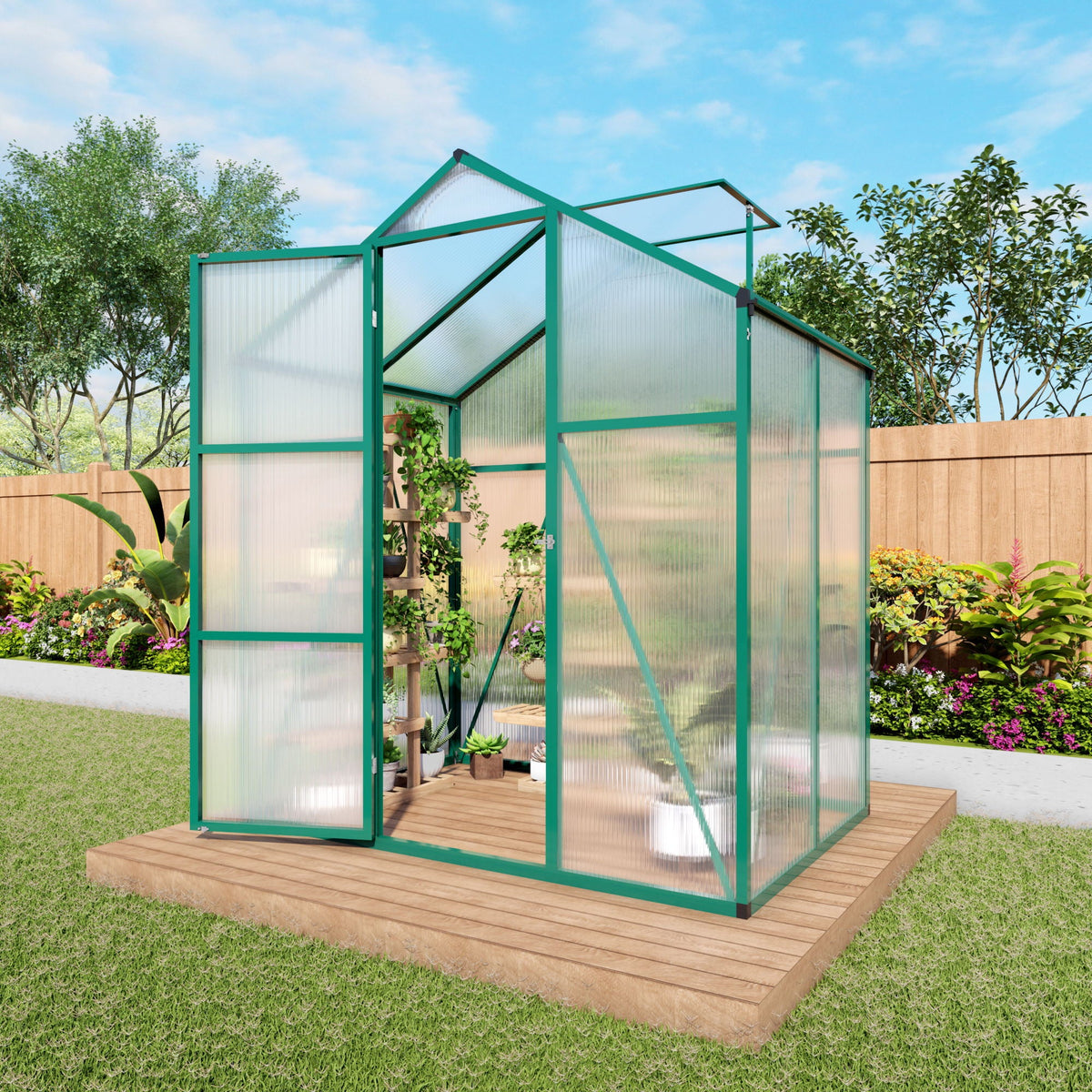Polycarbonate Walk-In Greenhouse with Raised Base - Green
