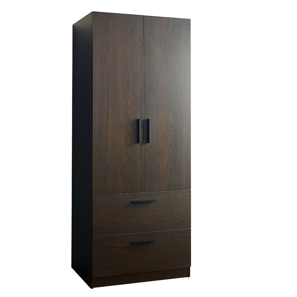 2 Door Closet Wardrobe with Drawers and Hanging Bars - Dark Brown