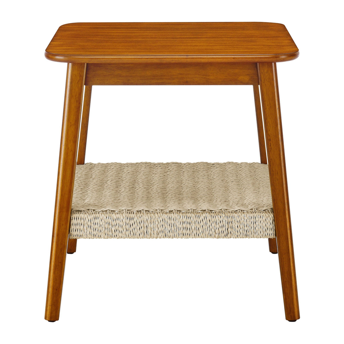 Mid-Century Square Side Table with Woven Shelf - Walnut