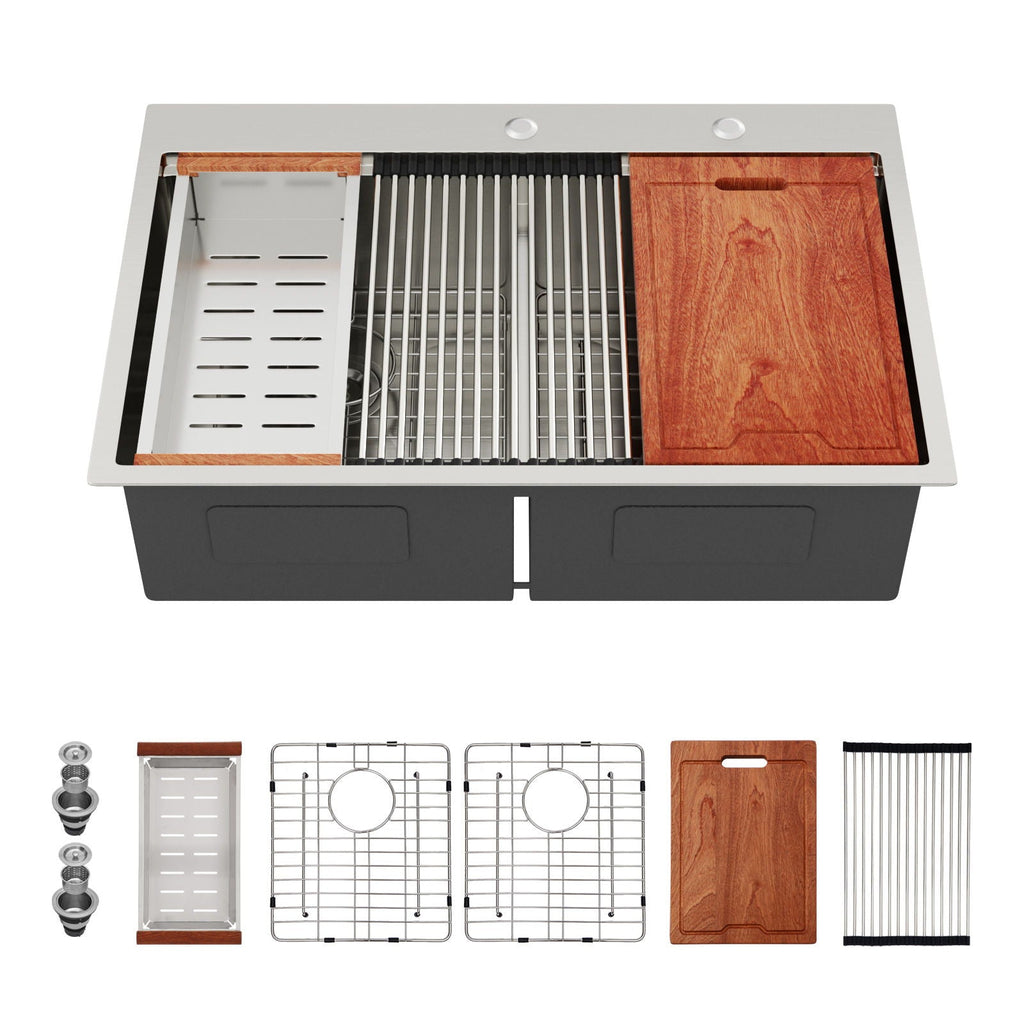 Double Bowl Stainless Steel Kitchen Sink with Workstation Ledges - Brushed Nickel