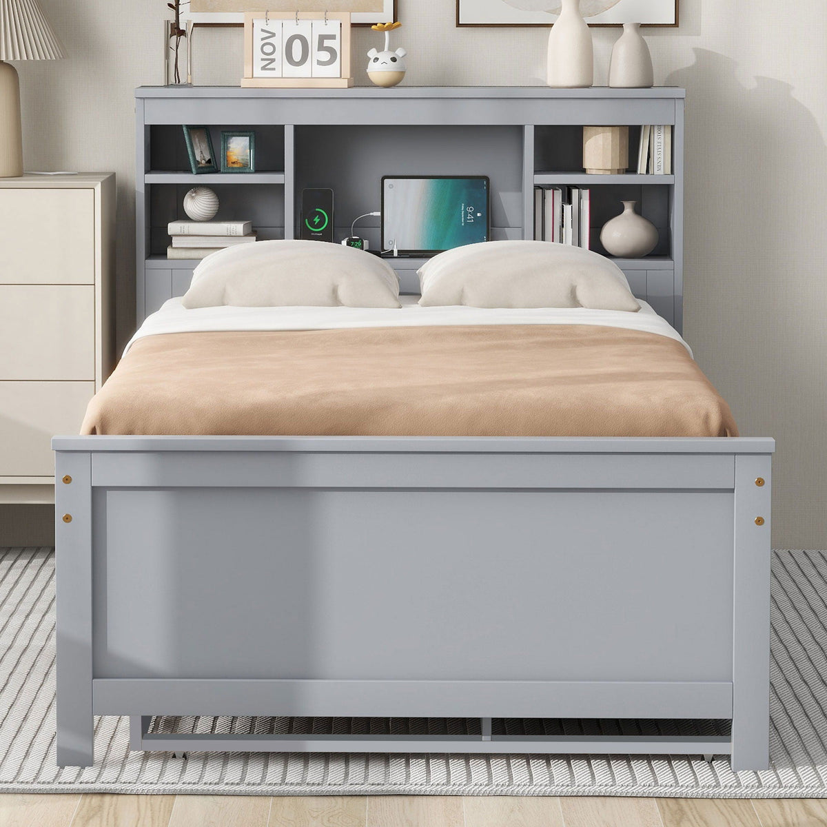 Platform Bed with Storage Headboard, USB, Trundle & 3 Drawers - Twin or Full